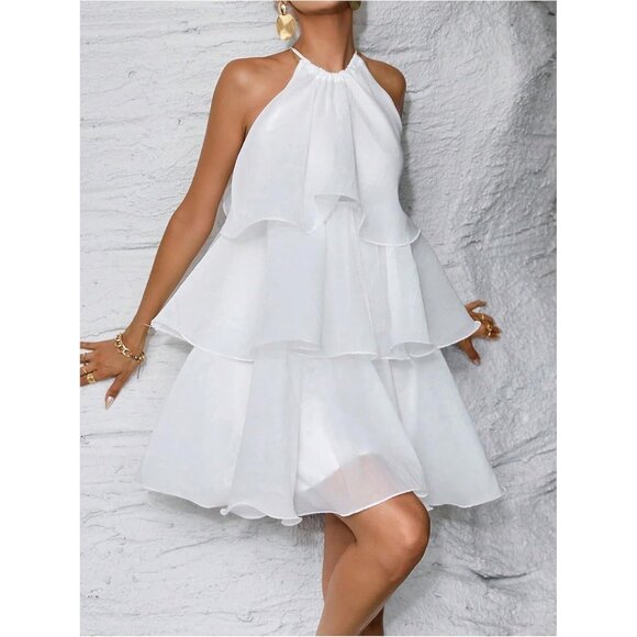 Women's Summer Casual Halter Mini Dress Sleeveless Ruffle Layered Swing - Picture 3 of 6